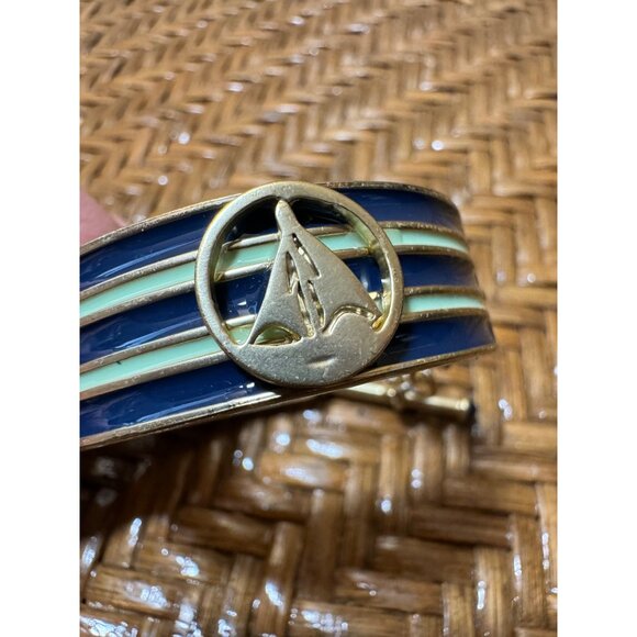 Vintage 80's Open Cuff Nautical Bracelet Gold Tone And Bluem Enamel - Picture 9 of 12